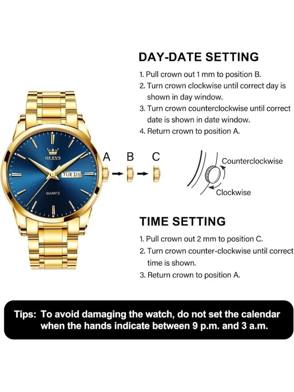 Olevs Men's Gold Luxury Stainless Steel Blue Face Analog Quartz Luminous Watch
